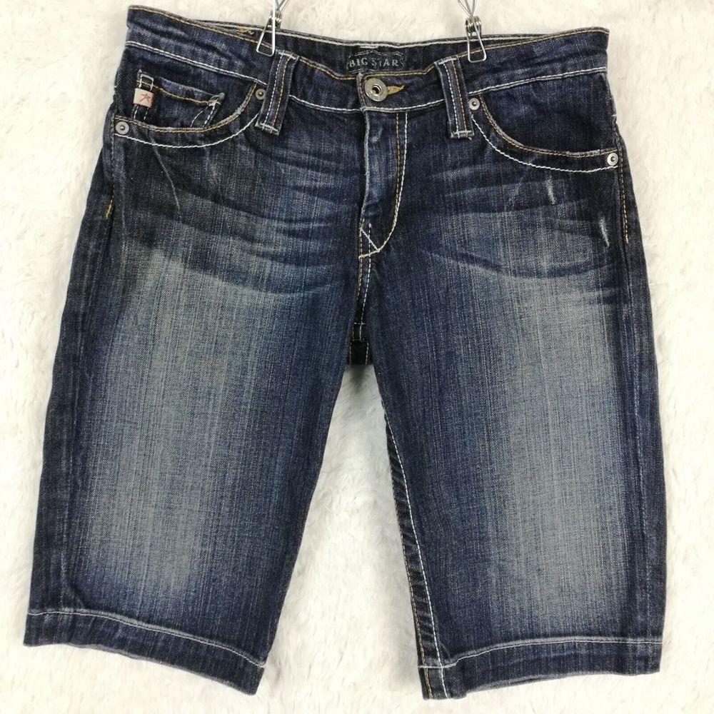 Big Star Womens Shorts Vivian Bermuda Denim Blue Dark Wash Whiskering 29